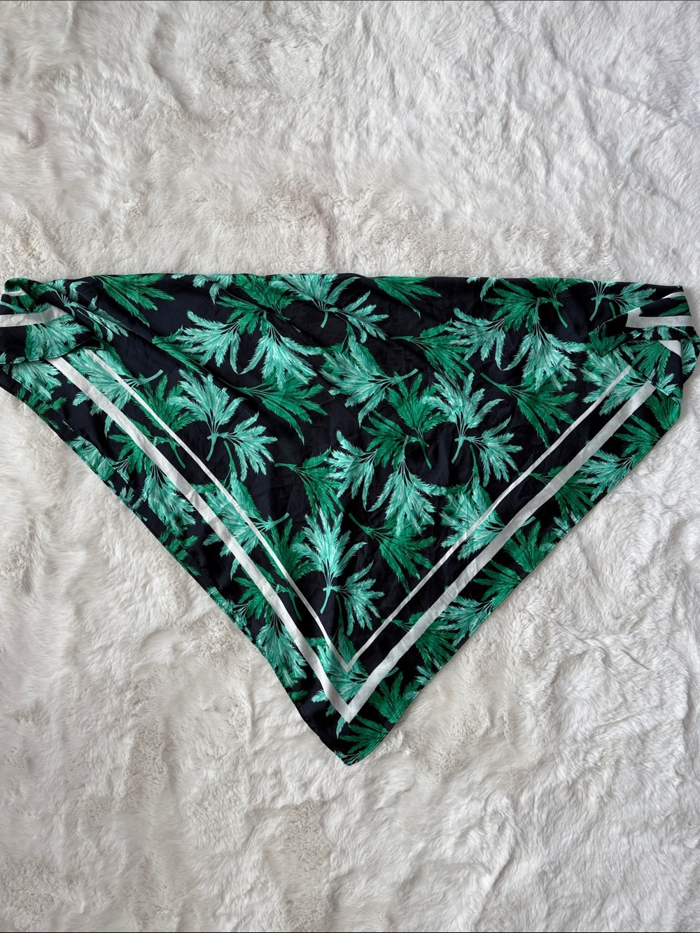 Fe Noel Black Scarf with Green Palm Leaf Print and White Trim